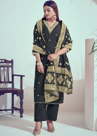 Readymade Black Embroidered Art Silk Pant Suit