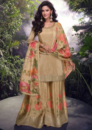 Golden Floral Print Salwar Suit Set