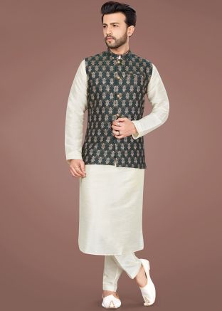 Readymade Cream Kurta Pajama With Nehru Jacket