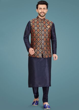 Blue Readymade Silk Kurta With Pajama & Jacket