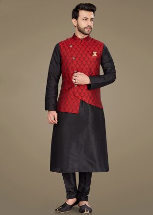 Asymmetric Jacket With Readymade Kurta Pyjama In Silk