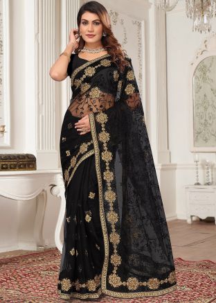 Black Net Saree In Resham Embroidery