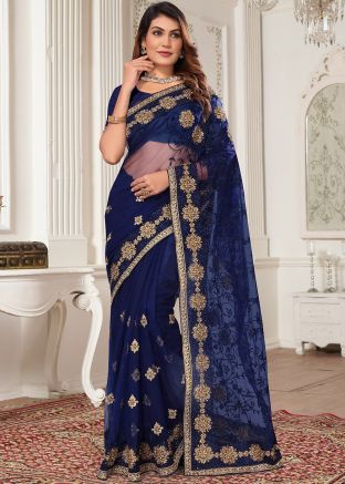 Blue Net Saree In Zari Embroidery