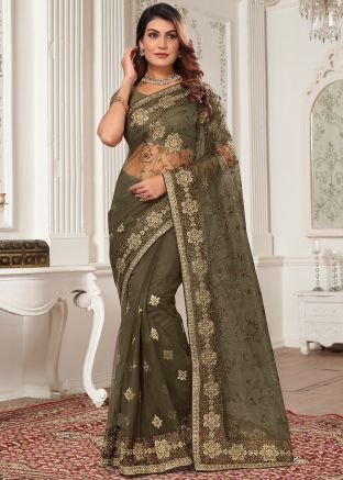 Olive Green Embroidered Net Saree