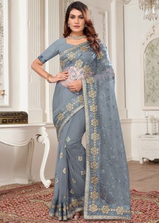 Grey Net Saree In Zari Embroidery