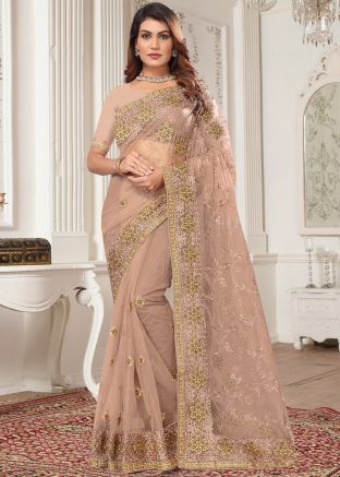 Dusty Mauve Pink Embroidered Net Saree