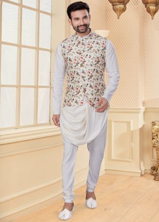 Silk White Readymade Kurta With Floral Jacket