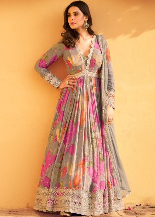 Readymade Grey Anarkali Suit In Floral Print