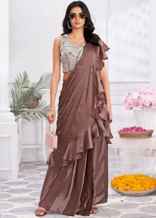 Brown Readymade Ruffled Saree In Satin