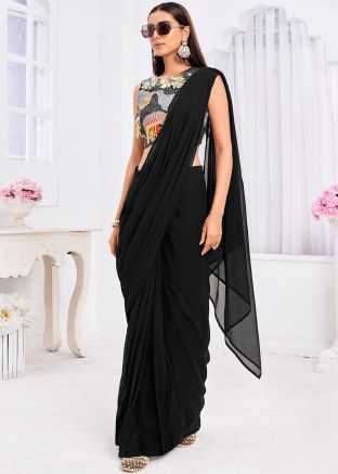 Black Readymade Saree In Georgette