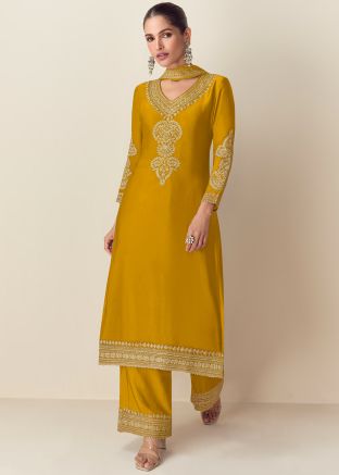 Yellow Embroidered Chiffon Salwar Suit Set