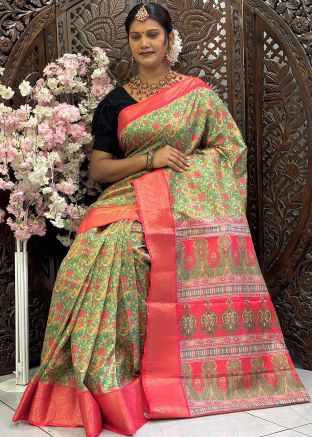 Green Digital Printed Art Silk Saree 
