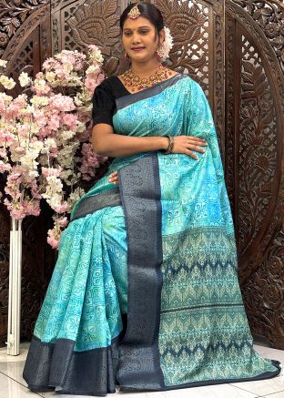 Blue Art Silk Saree In Digital Print