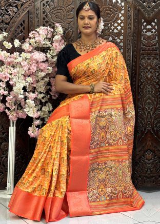 Yellow Digital Printed Saree In Art Silk