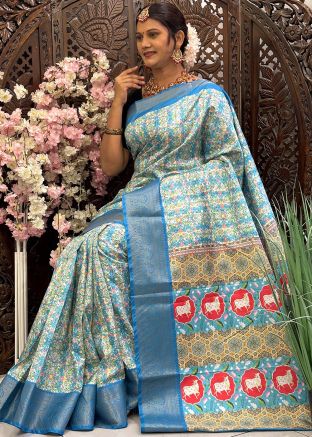 Blue Digital Print Saree In Art Silk