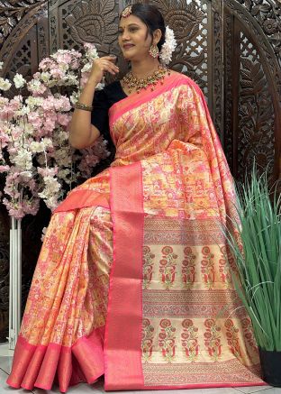 Orange Digital Print Saree In Art Silk