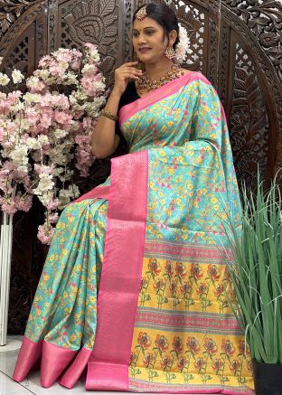 Blue Digital Print Saree In Art Silk