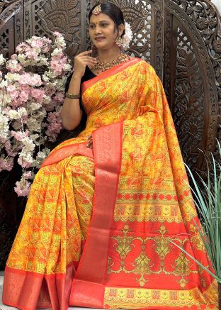 Yellow Digital Print Saree In Art Silk