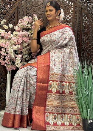 White Digital Print Saree In Art Silk