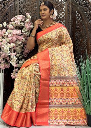 Yellow Digital Print Saree In Art Silk