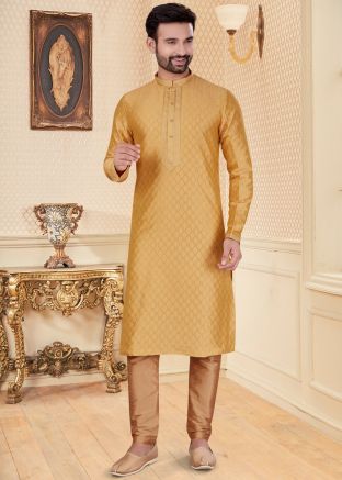 Readymade Embroidered Jacquard Kurta Pajama In Yellow