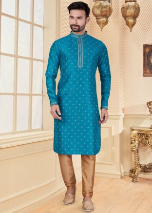 Blue Silk Readymade Kurta With Churidar