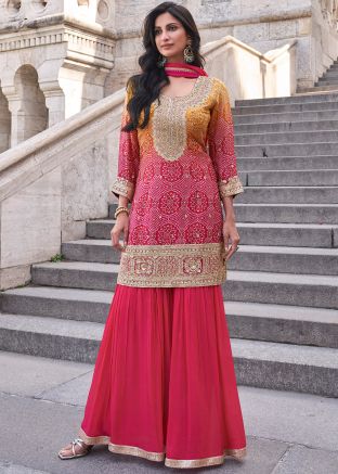 Shaded Pink Readymade Bandhej Print Sharara Suit Set