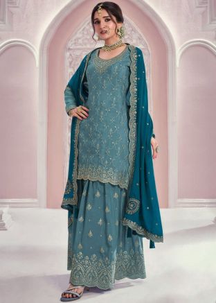Blue Embroidered Chiffon Salwar Suit Set
