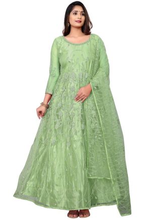 Green Embroidered Anarkali Suit Set In Net