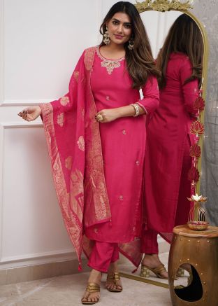 Pink Embroidered Salwar Suit Set In Viscose