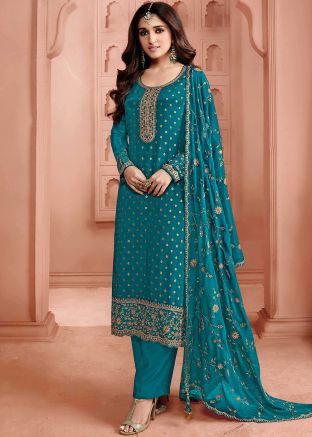 Teal Blue Zari Embroidered Art Silk Pant Suit