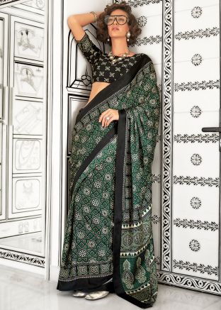 Green Digital Print Saree In Satin