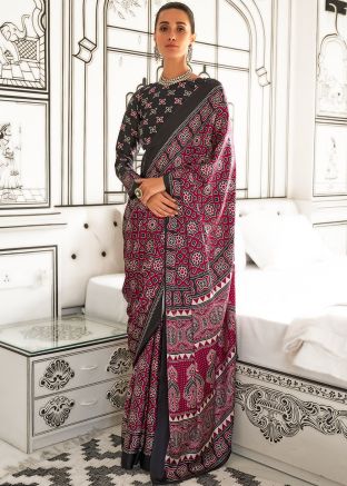Pink Digital Print Saree In Satin