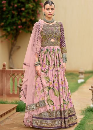 Pink Floral Print Readymade Anarkali Suit In Silk