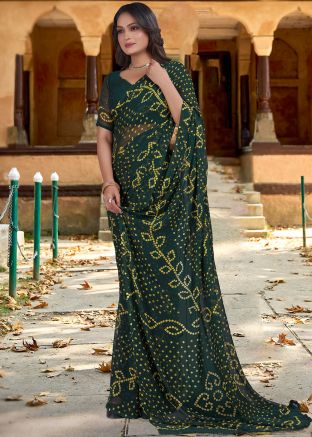 Green Bandhej Print Saree In Georgette