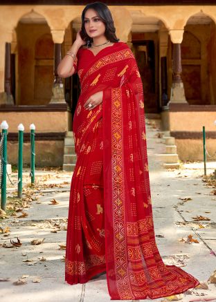 Red Printed Saree In Georgette