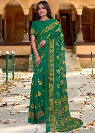 Green Printed Saree In Georgette
