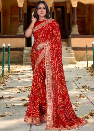 Red Bandhej Print Saree In Georgette