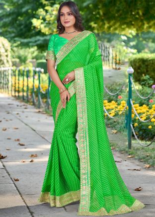 Green Bandhej Print Saree In Georgette