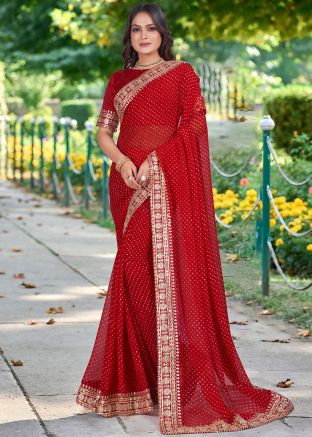 Red Bandhej Print Saree In Georgette