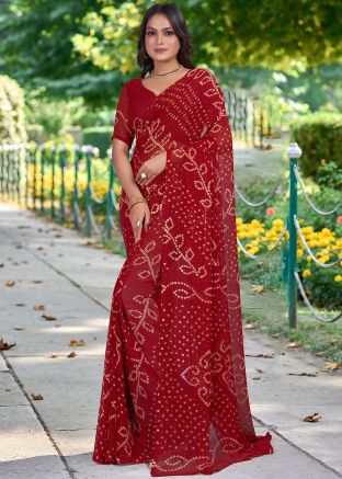 Red Bandhej Print Saree In Georgette