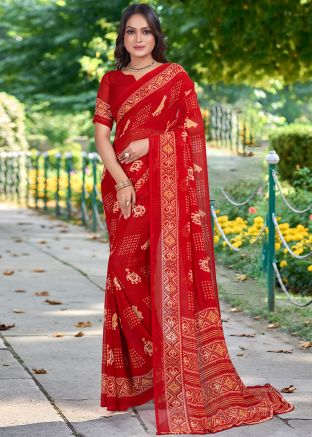 Red Printed Saree In Georgette