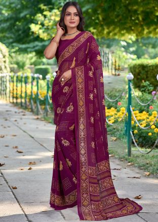 Purple Printed Saree In Georgette
