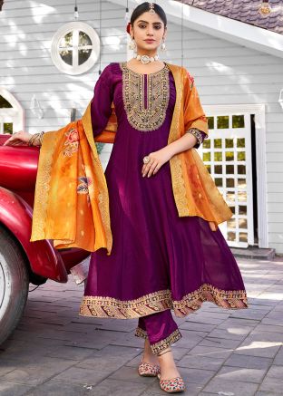 Purple Readymade Embroidered Anarkali Pant Suit