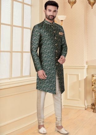 Embroidered Green Readymade Sherwani With Churidar