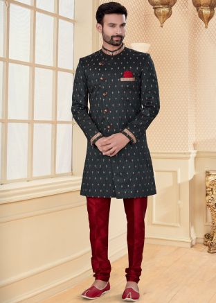 Embroidered Black Sherwani With Readymade Maroon Churidar