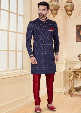 Readymade Blue Embroidered Sherwani With Silk Churidar