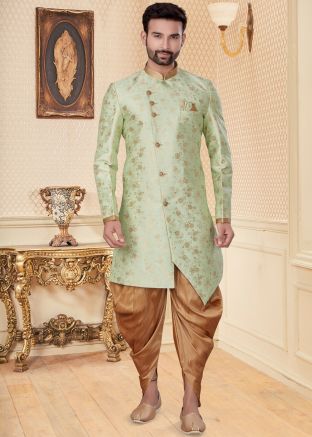 Readymade Dhoti With Green Jacquard Sherwani