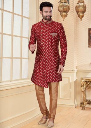 Embroidered Red Readymade Sherwani Set For Groom