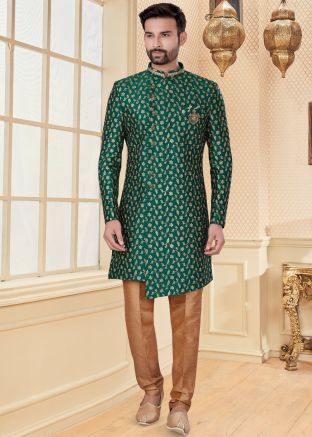Green Readymade Embroidered Sherwani For Wedding Wear